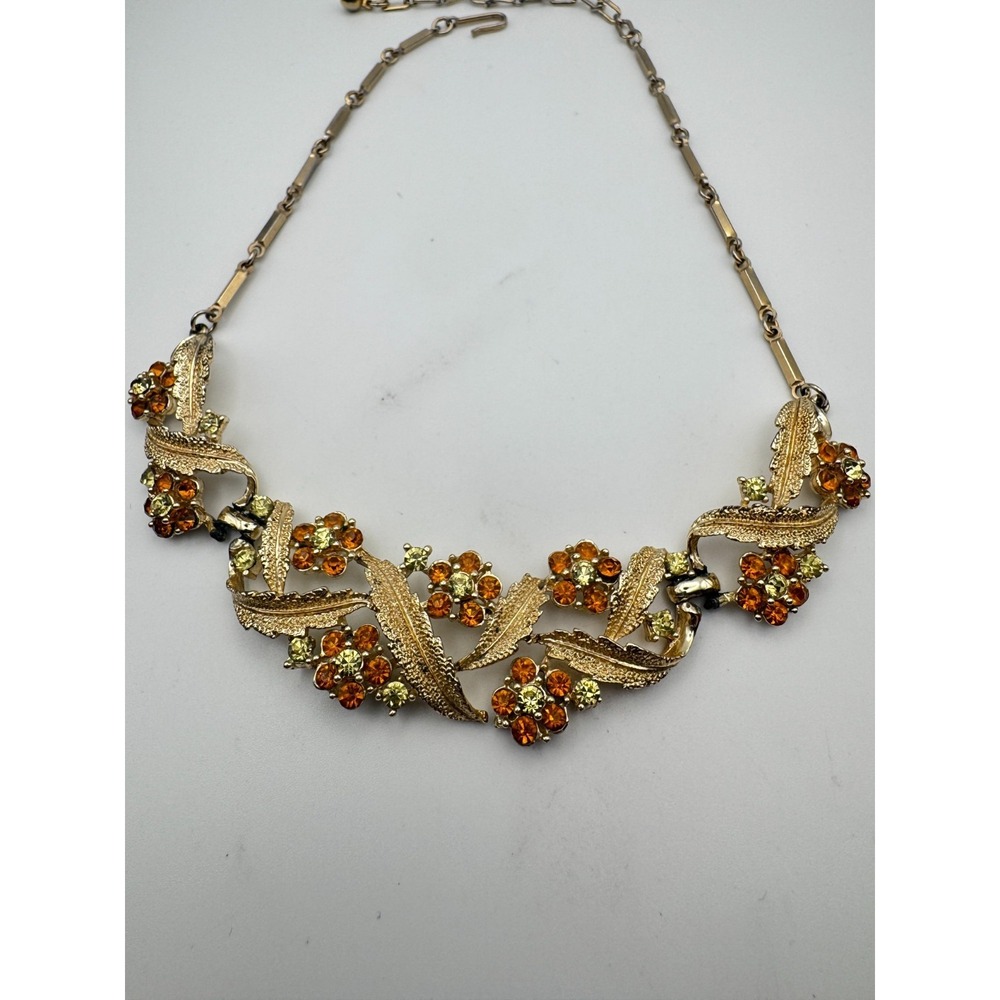 Vintage Coro Necklace Gold Tone Orange Rhinestone Flower Leaf Bib - Picture 3 of 11